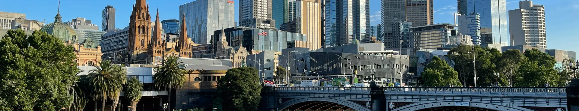 Melbourne skyline at sunset with Yarra River